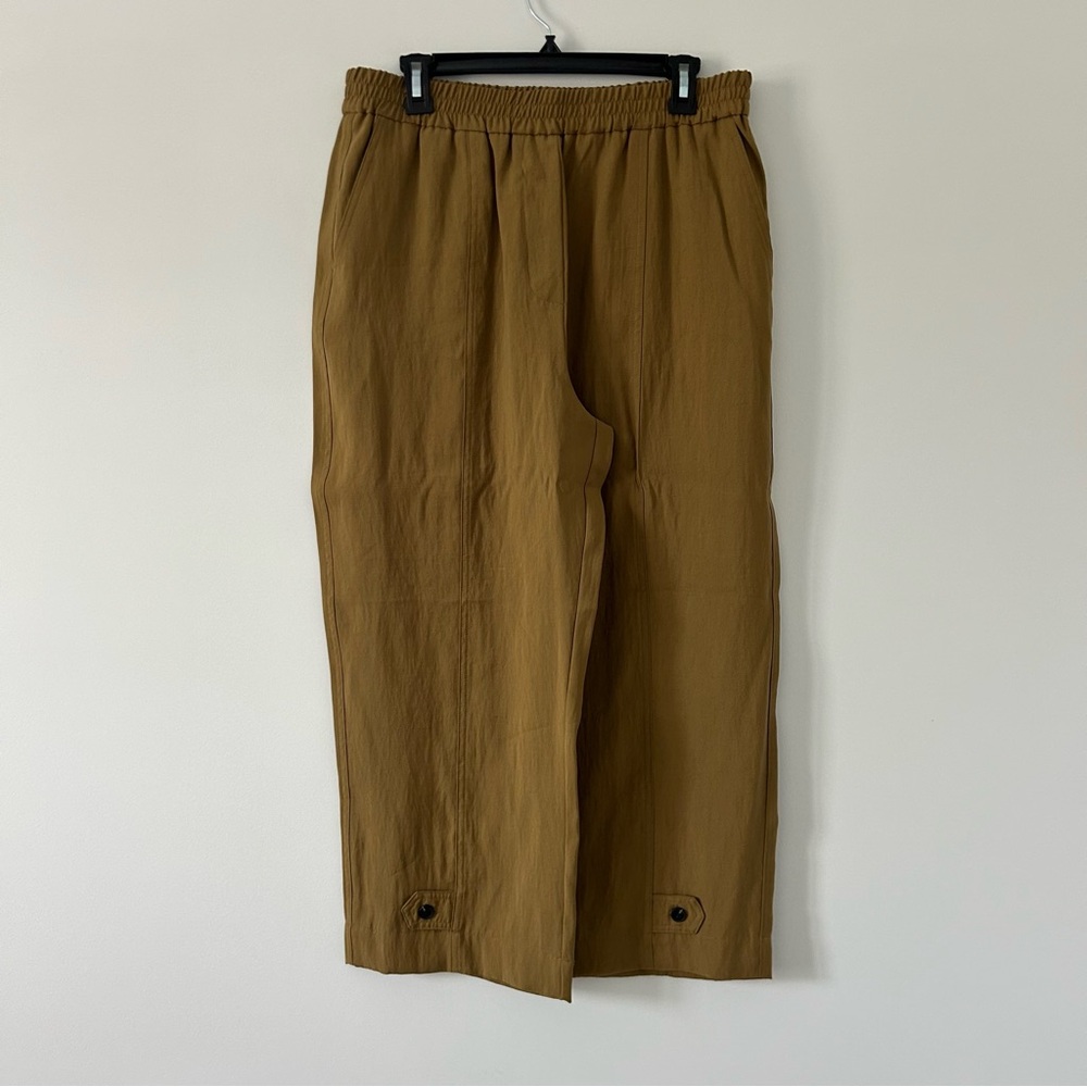 Zara Tan Brown High Rise Viscose Wide Leg Pleated Pull On Cropped Trouser L NWT